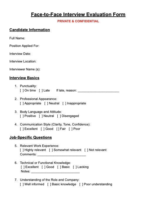 In Person or Face to Face Interview Form